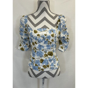 NWT Joie 100% Linen XL Square Neck Blue Floral Crop Smocked Blouse Top Charity